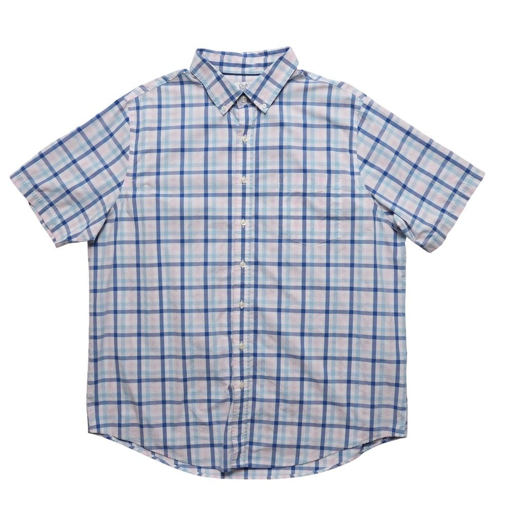 Croft & Barrow Button Down Men XL Blue Pink Plaid Short Sleeve Easy Care Pocket